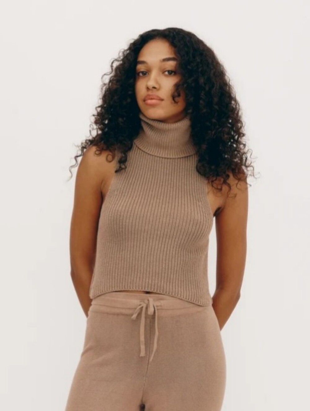 Organic Basics taupe organic cotton knit sleeveless turtleneck sweater